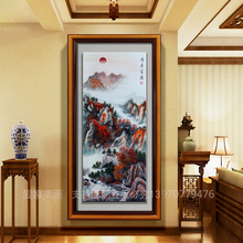 木雕刻画鸿运当头山水画聚宝盆风水招财油画手绘过道玄关竖向挂画